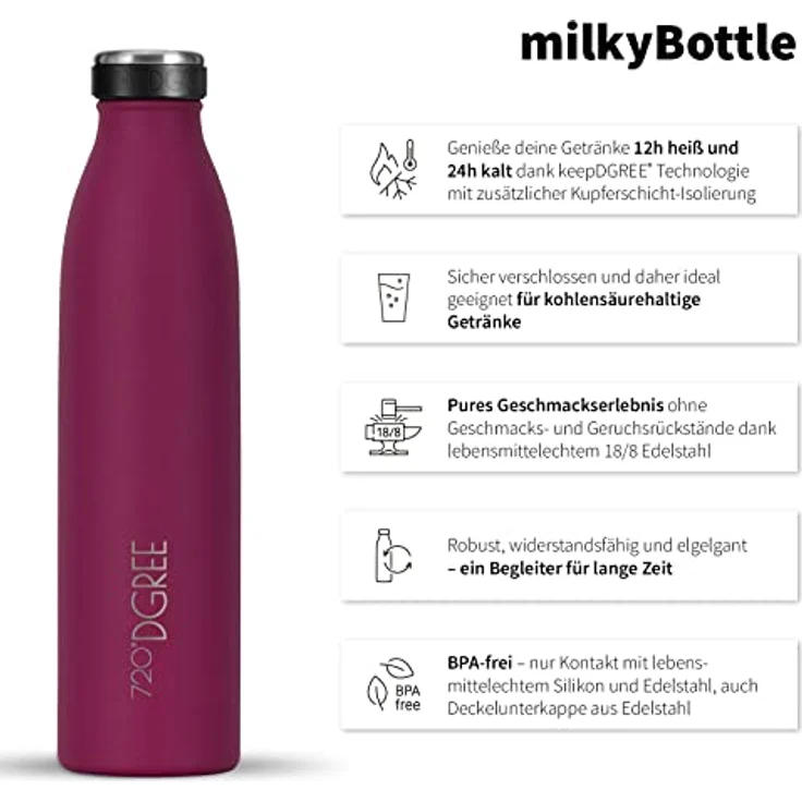 720°DGREE milkyBottle Edelstahl Trinkflasche, 500ml, BPA-frei, auslaufsicher, für kohlensäurehaltige Getränke, ideal für Kinder, Sport und Schule – Bild 2
