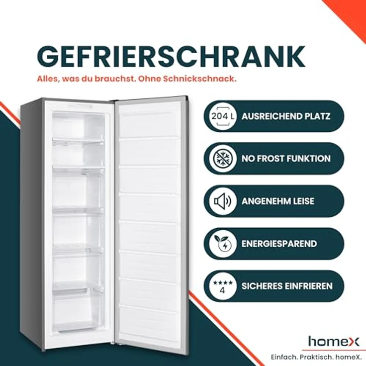 homeX Gefrierschrank FSN2041E-S, No Frost, 204L Nutzinhalt, 4-Sterne Gefrieren, Super-Frost-Funktion, silber – Bild 2