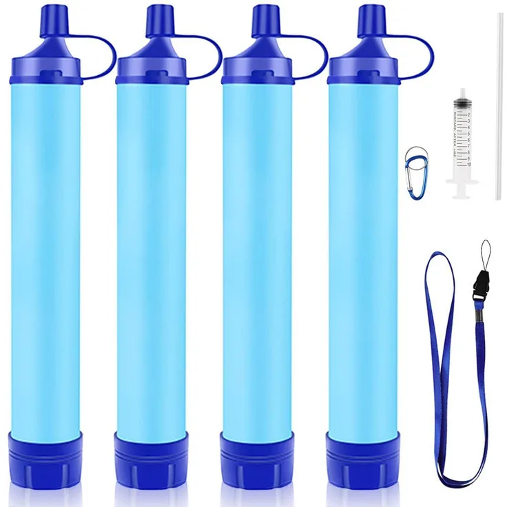 Wasserfilter Outdoor Camping 4er Set, 1500L Trinkwasserfilter mit 0,1 Mikron Filtration, entfernt 99,99% Bakterien, BPA-frei, Blau