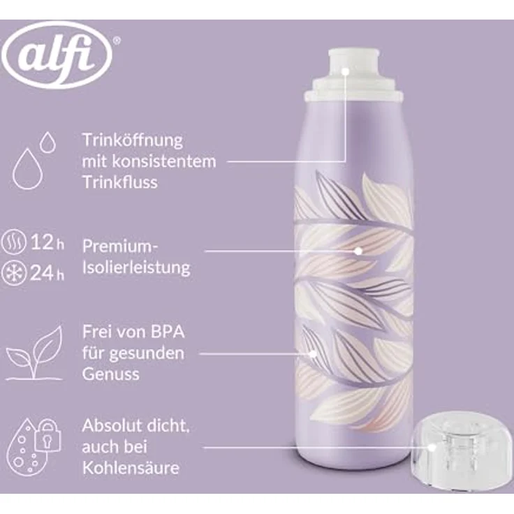 alfi KIDS ISO BOTTLE 500ml, lila pastell, Isoliertrinkflasche für Kinder, aus Edelstahl, absolut dicht mit Drehverschluss, hält 12 Std. heiß und 24 Std. kalt, BPA-frei, für Kohlensäure geeignet – Bild 3