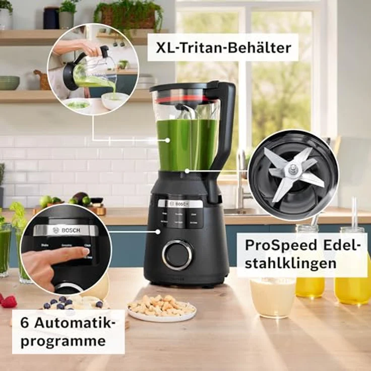 Bosch Hochleistungsmixer VitaPower Serie 6 MMBD665B1, 1800 W, bis zu 45000 U/Min, 6 Automatikprogramme, Stopfer, schwarz – Bild 3