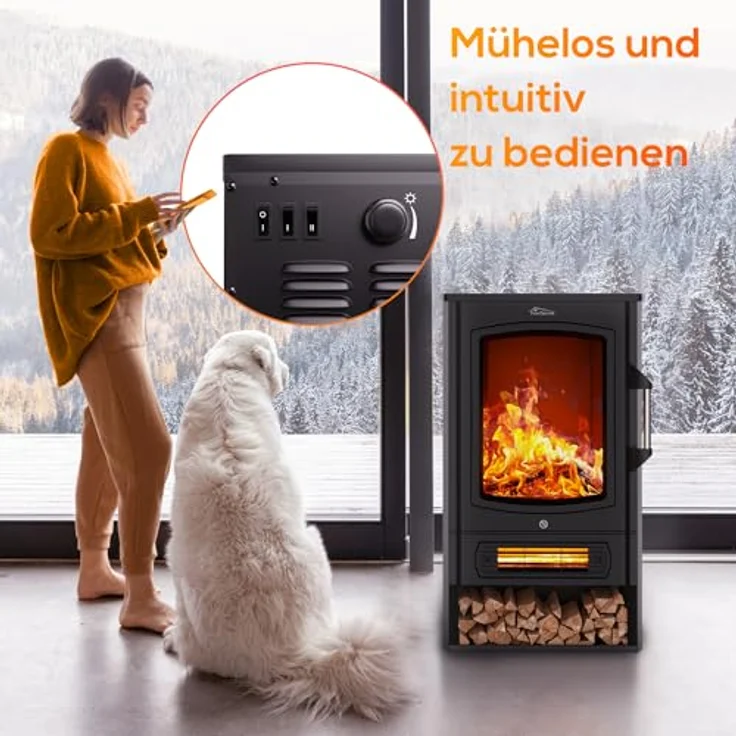TroniTechnik Heizgerät Elektrokamin Kaminfeuer, LED Flammeneffekt elektrisch 1000/2000 Watt, 2000 W, Standkamin mit Heizung, Thermostat Panorama-Sichtfenster Heizfunktion – Bild 3
