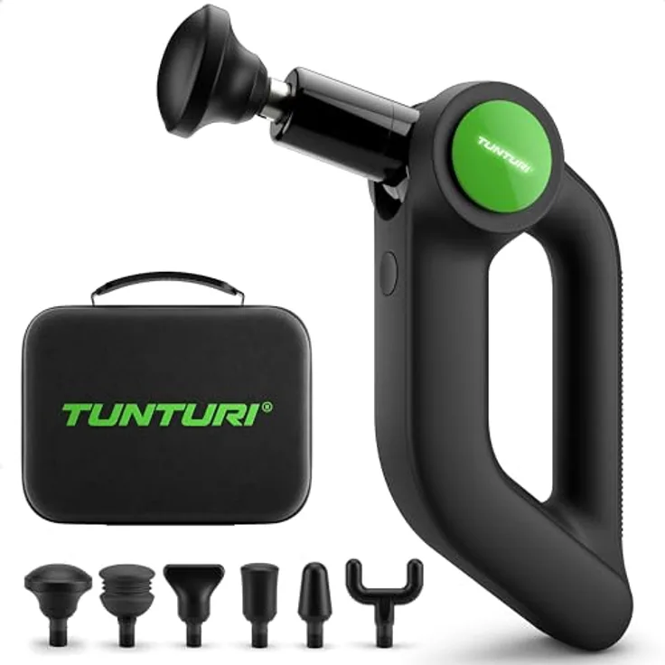 Tunturi MG70 Massagepistole Professionell - Massagegerät mit verstellbarem Kopf - Multi-Griff - Leistungsstark und Leise - Inkl. 6 Aufsätzen und Koffer - Kostenlose App - Schwarz