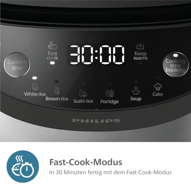 Philips 3000 HD3093/80, Reiskocher für 2-3 Personen, Schwarz/Silber, 0,85 l, 600 W, 8 Programme, Antihaftbeschichtung – Bild 6
