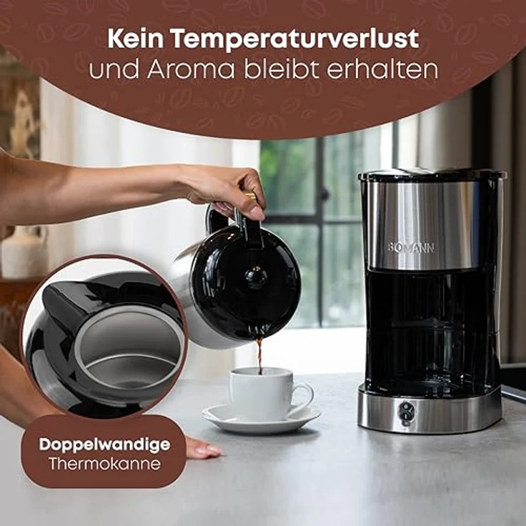 Bomann® Kaffeemaschine mit Thermoskanne für 8–10 Tassen Kaffee (ca. 1,2L) | Filterkaffeemaschine Edelstahl | doppelwandige Thermoskanne | kein Temperaturverlust | Kaffeemaschine 800W | KA 6066 CB – Bild 3