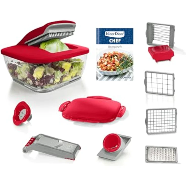 Genius Nicer Dicer Chef Gemüseschneider 15 tlg, Multifunktionaler Spiralschneider mit Käsereibe und Selbstreinigungsfunktion, Rot – Bild 1