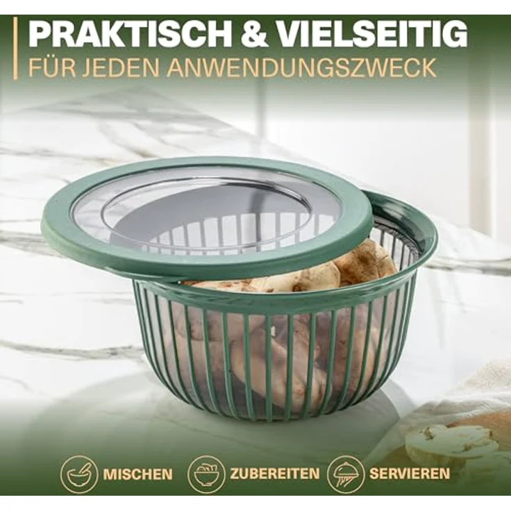 VIWARES 3 Schüssel-Set mit Deckel stapelbar (6-teilig) - 1, 2, 3 L, BPA-frei, spülmaschinenfest, grün, für Teig, Salate und Lebensmittelaufbewahrung – Bild 6
