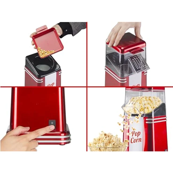 Beper Popcorn-Maschine, 3 Minuten Popcorn, fettfrei, Heißluftzirkulation, Leistung 1200 W Rot Energieeffizienzklasse B – Bild 4