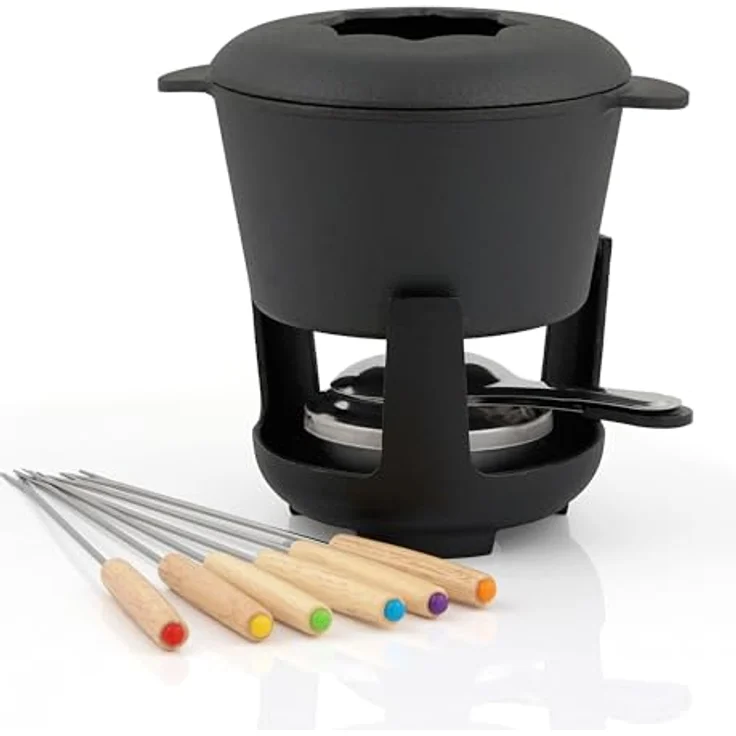 BBQ-Toro Gusseisen Fondue Set für 6 Personen | 1 Liter | Fondueset 13 teilig mit Brenner und Gabeln | Fondue-Set, Käsefondue Set, Fleischfondue Set, Schokofondue Set (schwarz bereits eingebrannt) – Bild 4