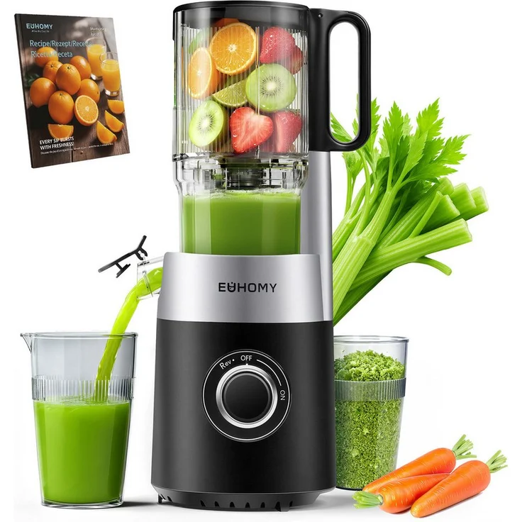 EUHOMY Slow Juicer, Kaltpress-Entsafter mit 135 mm Einfüllschacht, 220 W, für ganze Früchte und Gemüse, leise, leicht zu reinigen, mit 2 Gläsern