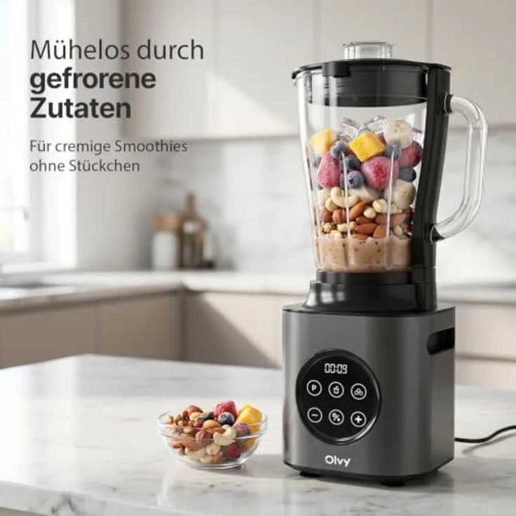 Olvy Standmixer Smoothie Maker, 1000 Watt, Glasbehälter 1500ml, Smart-Touch-Display, inklusive To-Go Trinkflasche – Bild 3
