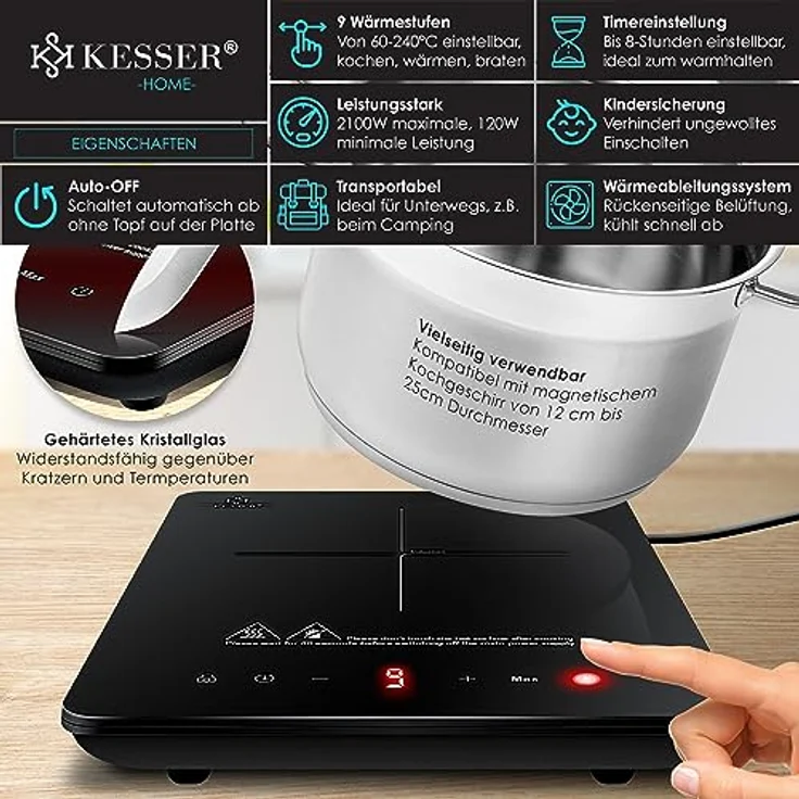 KESSER® Induktionskochplatte Induktionskochfeld 1 Platte 2100W Tragbares 28cm Kochplatte + 3x Mikrofasertuch + 1x Rezeptbuch, 9 Heizstufen, 8-Stunden-Timer, Touch-Steuerung, Booster-Funktion 220-240V – Bild 2