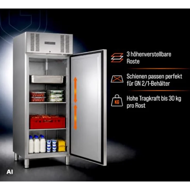 GastroHero Kühlschrank ECO 650 GN 2/1, 605 Liter Volumen, Edelstahl, abschließbar, 3 höhenverstellbare Böden, Touchscreen-Steuerung, Energieklasse A – Bild 4