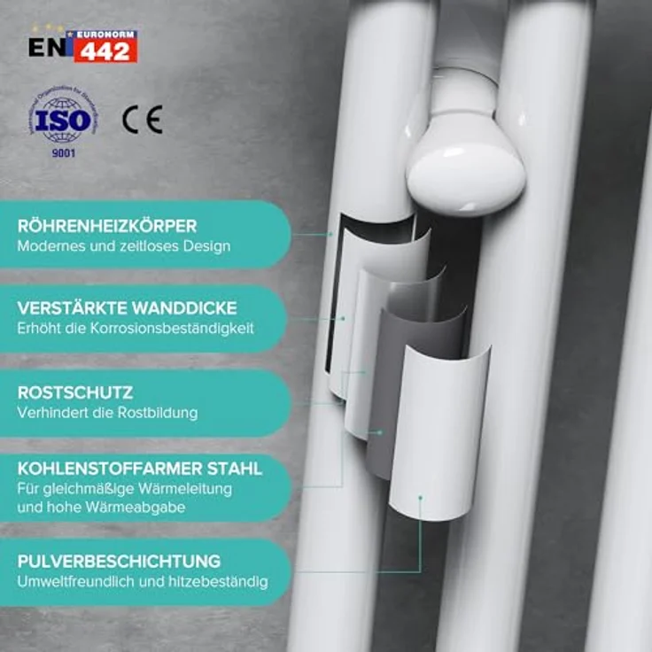 doporro Design Badheizung gerade 100x60cm Weiß Röhrenheizkörper Horizontal 2in1 Mittelanschluss oder Seitenanschluss – Bild 4