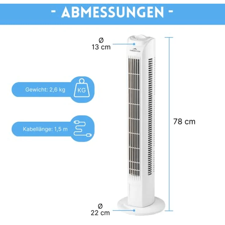 Commodoor Turmventilator Energiesparender Säulenventilator A+, 3 Geschwindigkeitsstufen, 75° Schwenkfunktion, TÜV-geprüft, Leise Betriebslautstärke (max 48dB) Turmlüfter Modernes Design – Bild 3