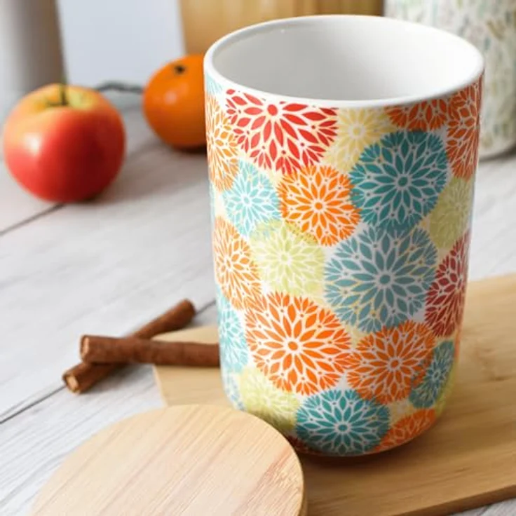 Sendez Vorratsdose Porzellan 800 ml, luftdicht mit Bambusdeckel, bunte Boho Blumen Design für Kaffee, Tee, Zucker und Gewürze – Bild 4