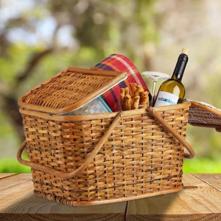 relaxdays Picknickkorb mit Deckel, Honigbraun, Rattankorb mit 25 Liter Volumen und zwei Klappdeckeln – Bild 2