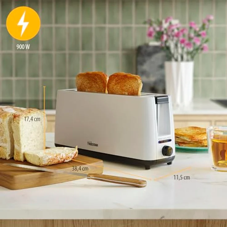 Tristar Langschlitz Toaster, 7 Bräunungsstufen, Aufwärmfunktion, Auftaufunktion, Liftfunktion, Zentrierfunktion, Abbruchfunktion, Weiß, BR-1056 – Bild 2