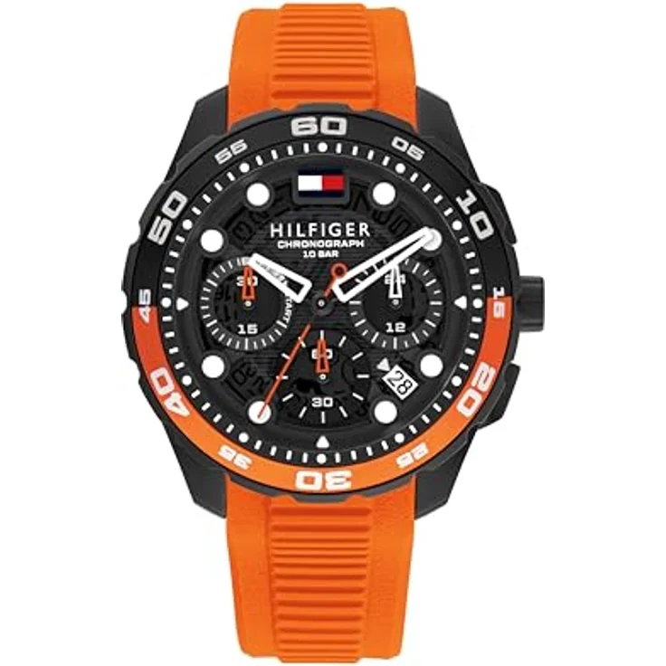Tommy Hilfiger Chronographen-Quarzuhr mit Kalender, 44 mm Gehäuse, oranges Silikonarmband, Wasserfest bis 10 ATM, Modell 1792234 – Bild 1