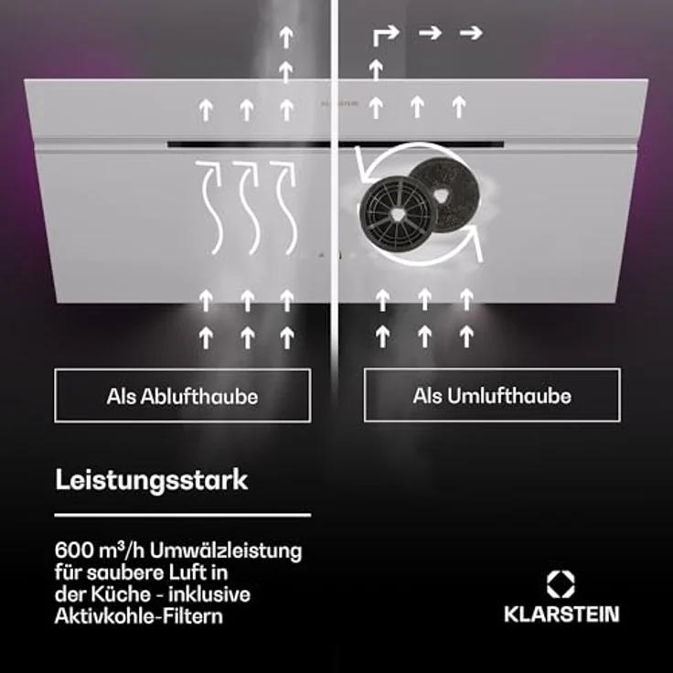 Klarstein Dunstabzugshaube 90cm, Abluft/Umluft mit Aktivkohlefilter & LED-Beleuchtung, 600m³/h Luftstrom, IoT/Wi-Fi, Leise Schräghaube, Dunstabzugshauben 90 cm – Bild 3