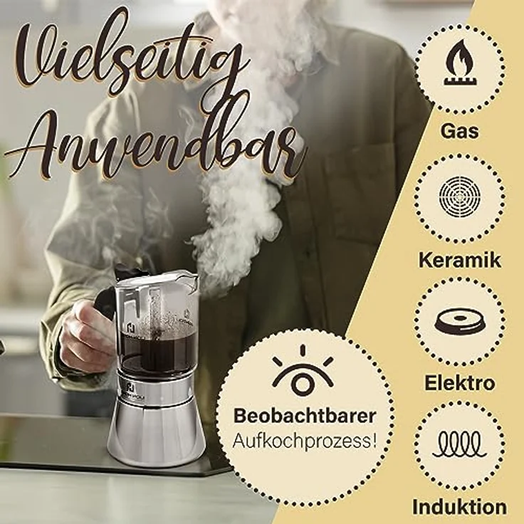 Lion Home Espressokocher, Edelstahl-Glas Design mit Kork-Untersetzern, für 6 Tassen, leicht zu reinigen – Bild 5