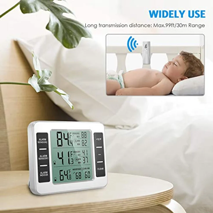 Brifit Kühlschrank Thermometer, Digitales Gefrierschrank Thermometer mit 2 Sensoren, Temperaturalarm, MIN/MAX, Temperaturtrendanzeige, großes LCD-Display – Bild 4