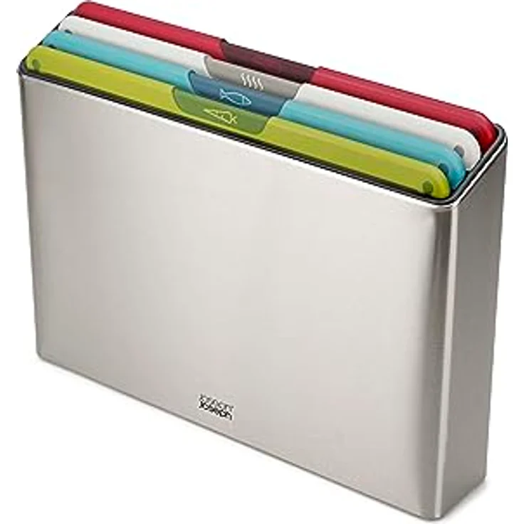 Joseph Joseph Folio Icon Schneidebrett-Set mit Aufbewahrungsbox, rutschfest, farblich gekennzeichnet, 4-teilig, Groß, Edelstahl – Bild 1