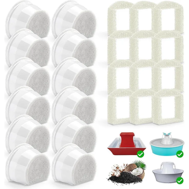 MUMUQ Ersatzfilter für Katzenbrunnen, 24 Stück - 12x Aktivkohlefilter & 12x Schaumfilter, 4-Schicht-System, kompatibel mit PetSafe Drinkwell