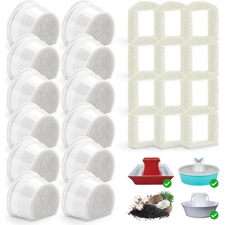 MUMUQ Ersatzfilter für Katzenbrunnen, 24 Stück - 12x Aktivkohlefilter & 12x Schaumfilter, 4-Schicht-System, kompatibel mit PetSafe Drinkwell