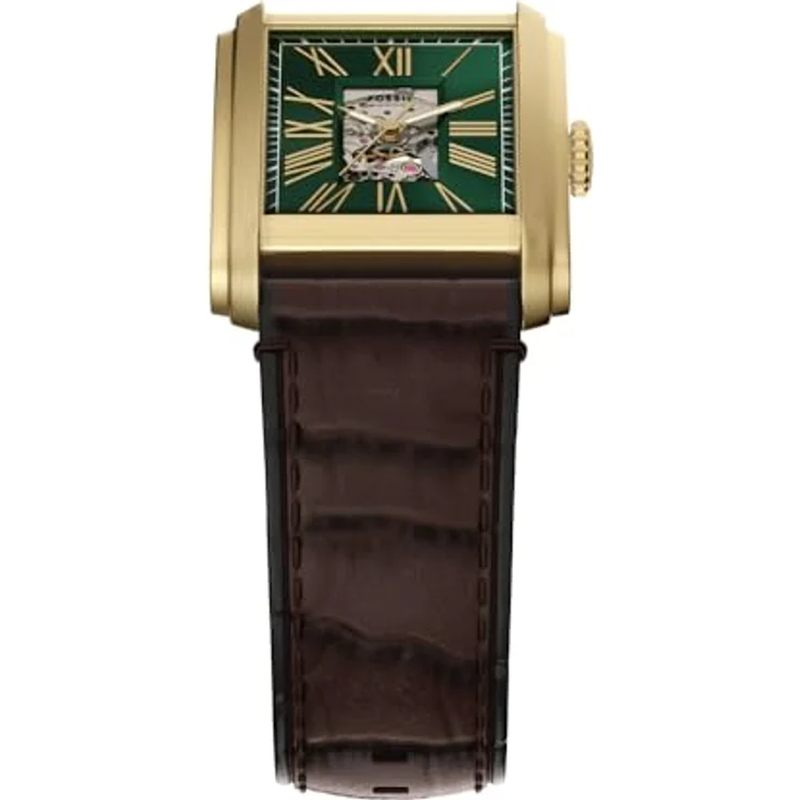 Fossil Carraway ME3271, Herren Edelstahlarmbanduhr mit 30MM goldfarbenem Gehäuse, grünem Sunray-Zifferblatt und braunem Lederband, wasserdicht bis 50m – Bild 4