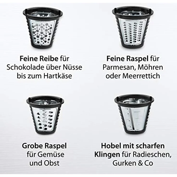 ADE Gemüsereibe Elektrische Reibe (500 Watt Leistung, Gehäuse aus Edelstahl, extrascharfe Klingen), Inoxidable, silber – Bild 3