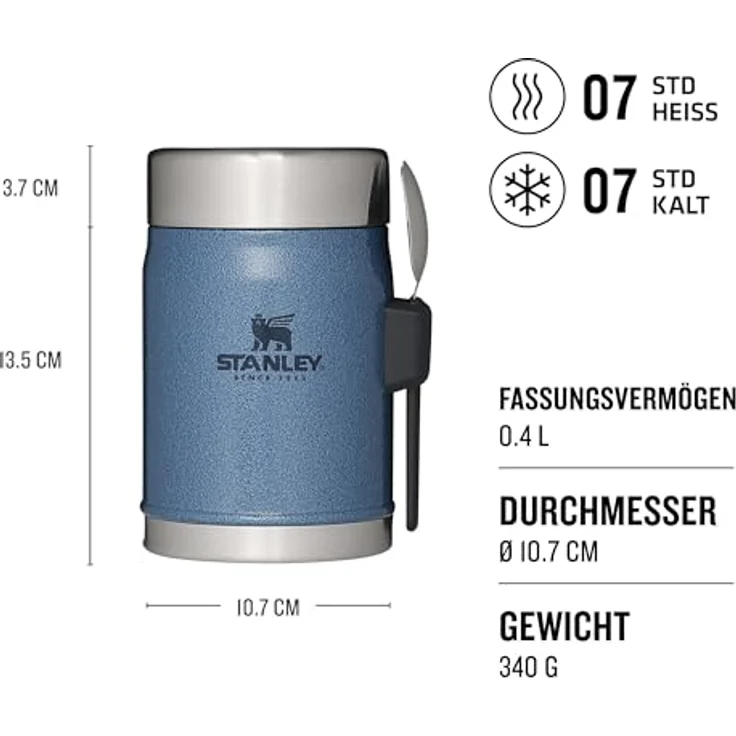 Stanley 1913 Classic Food Jar, Lunchbox aus Edelstahl, 0,4 L, doppelwandige Vakuumisolierung, Blau, inkl. Spork – Bild 2