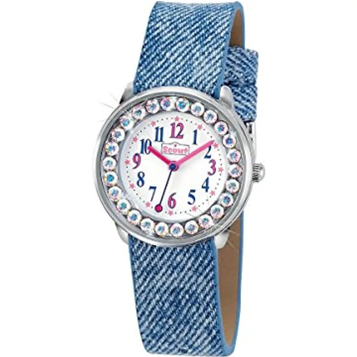 Scout Mädchen Analog Quarz Uhr mit Lederimitat Armband, 26 weißen Schmucksteinen und 5 Bar Wasserdichtigkeit, Jeansband