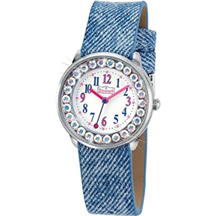 Scout Mädchen Analog Quarz Uhr mit Lederimitat Armband, 26 weißen Schmucksteinen und 5 Bar Wasserdichtigkeit, Jeansband – Bild 1