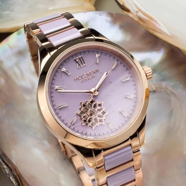 HOLZKERN Damen-Armbanduhr Automatik Kaleidoscopic, violettes Zifferblatt, Edelstahl Roségold, kratzfest, leuchtend im Dunkeln, mit Faltschließe – Bild 4