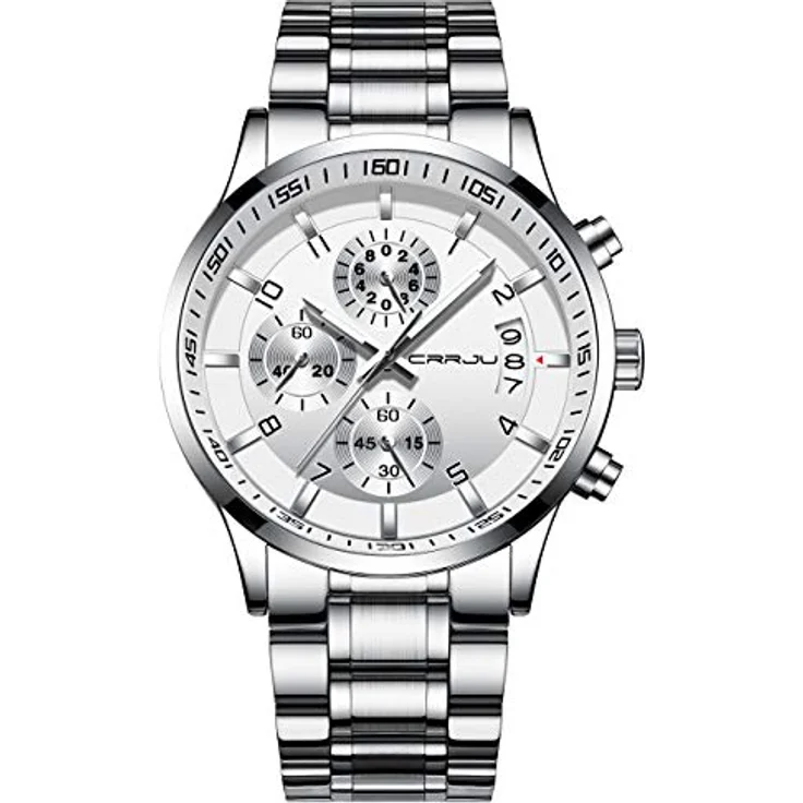 CRRJU Herren Chronograph Armbanduhr, wasserdicht, Edelstahlarmband, analoges Quarzwerk mit Kalender, Silber – Bild 1