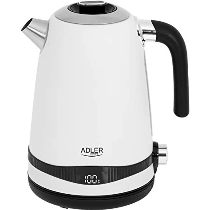 JUNG ADLER AD1295W Wasserkocher mit Temperatureinstellung (40-100°C) Digital Weiss, 2200W, Edelstahl, 1,7 Liter, LCD Display, 360° Basis, BPA- Frei