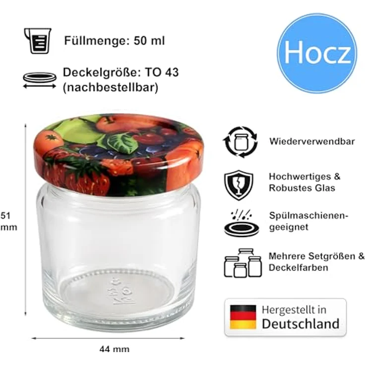 hocz 25x Mini Marmeladengläser 50 ml Set, luftdicht mit Schraubdeckel, ideal für Marmelade und Chutney, pflegeleicht und spülmaschinenfest – Bild 2