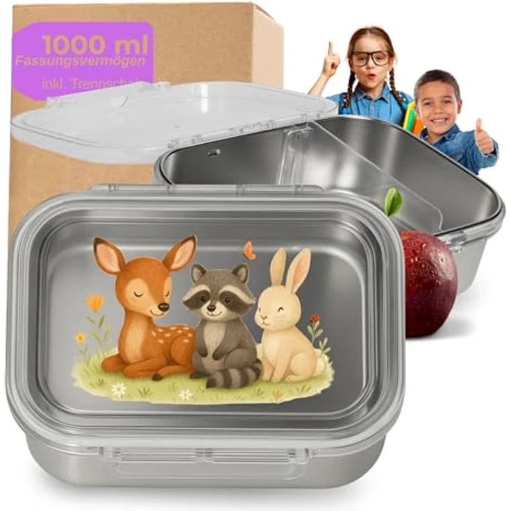 elasto Edelstahl Brotdose 'Storage', 1000 ml mit Trennwand und Tier-Motiv für Kinder, ideal für Schule und Kindergarten – Bild 1