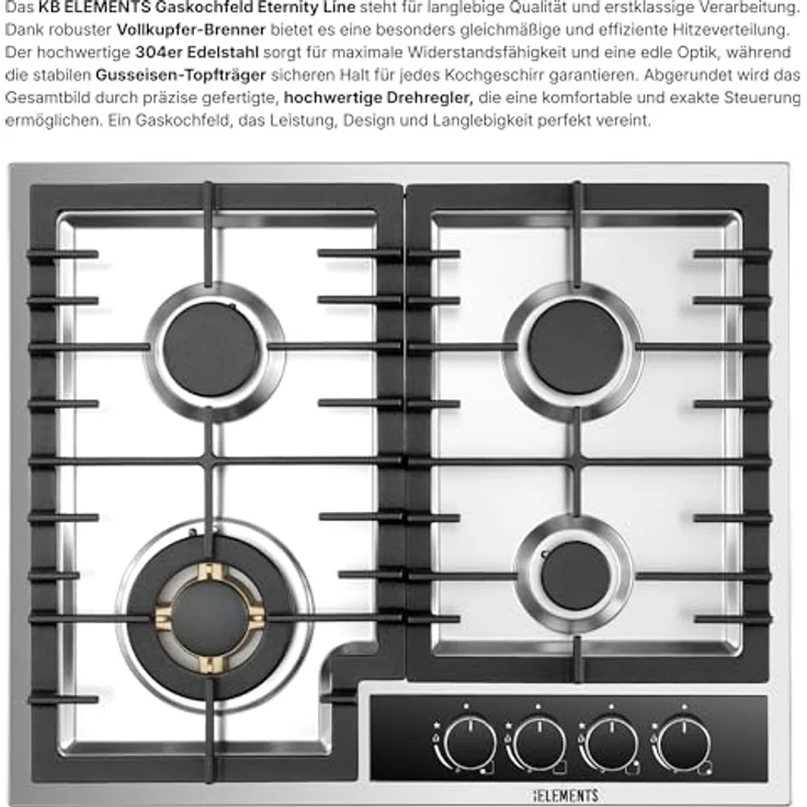 KB ELEMENTS Gaskochfeld ELK60GH2, 4-flammig mit Vollkupfer-Brenner, 60cm, Wok-Dreifachbrenner, Edelstahl 304, automatische Sicherheitsabschaltung, LPG/NG – Bild 2