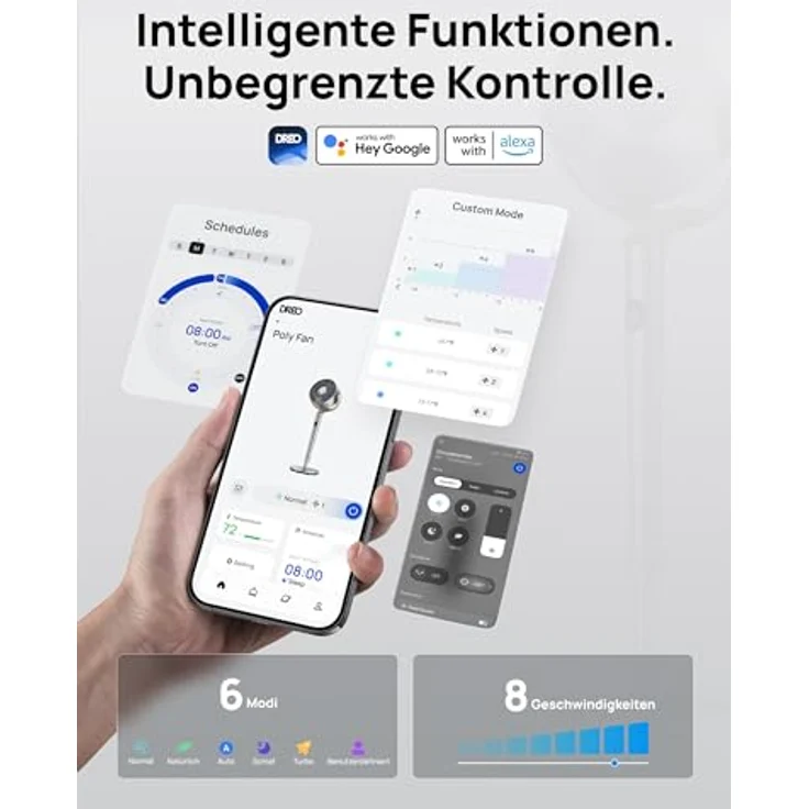 DREO PolyFan, Smart Standventilator mit 120°+120° Oszillation, Wi-Fi/Sprachsteuerung, 20dB leise, höhenverstellbar, 8 Geschwindigkeiten, 6 Modi, 12H Timer – Bild 5