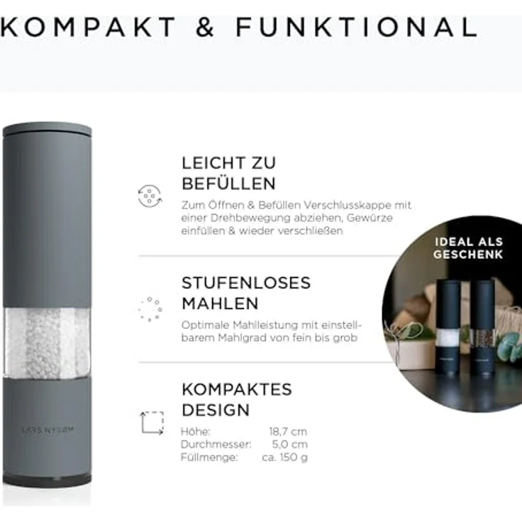 LARS NYSØM Salz und Pfeffer Mühle 2er Set Manuell mit einstellbarem Keramik-Mahlwerk von grob bis fein I Design Gewürzmühlenset (2 Stück) (Cool Grey) – Bild 4