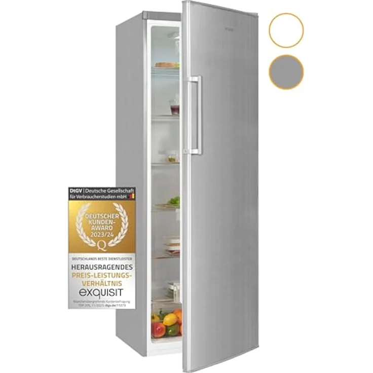 Exquisit Vollraumkühlschrank KS350-V-H-040D inoxlook | 331 L Nutzinhalt, 6 Glasablagen, Türanschlag wechselbar – Bild 1