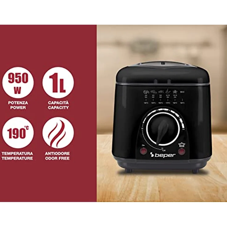 Beper P101FRI100 1 l elektrische Fritteuse, 950 W, herausnehmbarer Stahlkorb, Deckel mit Bullauge, waschbarer herausnehmbarer Filter, einstellbare Temperatur, rutschfeste Füße, schwarz – Bild 2