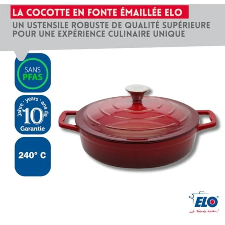 ELO 3082826 Schmortopf aus emailliertem Gusseisen, kirschrot, 28 cm, 3 l, antihaftbeschichtet, backofengeeignet, für alle Herdarten, Induktion geeignet – Bild 3