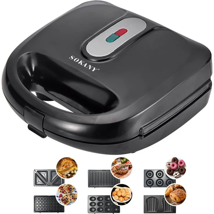 SOKANY Sandwichmaker 6-in-1 mit Antihaftbeschichtung, 750 W, für Waffeln/Panini/Donuts