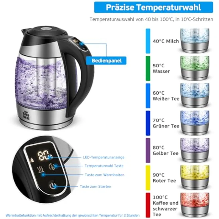 ForMe FKG-418 Glas-Wasserkocher, 2200W, 1,8 Liter, Warmhaltefunktion, LED, Temperatur einstellbar, transparent, silber, schwarz – Bild 2