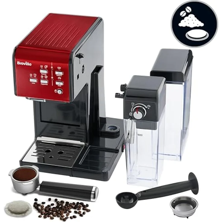 Breville PrimaLatte II Kaffee- und Espressomaschine VFC109X-01, 19 bar, für Kaffeepulver oder Pads geeignet, Integrierter automatischer Milchschäumer, schwarz-rot – Bild 4