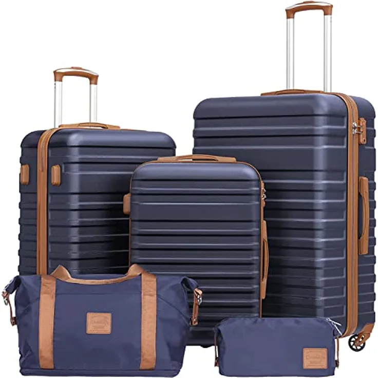 COOLIFE Koffer Trolley Set 5-teilig, ABS Hartschale mit 4 Rollen, TSA-Schloss, inkl. Reisetasche und Kulturbeutel