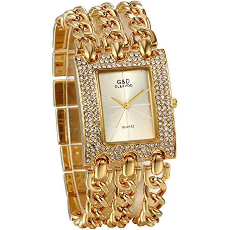 JewelryWe Damen Analog Quarz Armbanduhr, elegante rechteckige Uhr mit Silber Zifferblatt und goldfarbener Panzerkette, Strass-Details, 22 cm Gesamtlänge – Bild 1